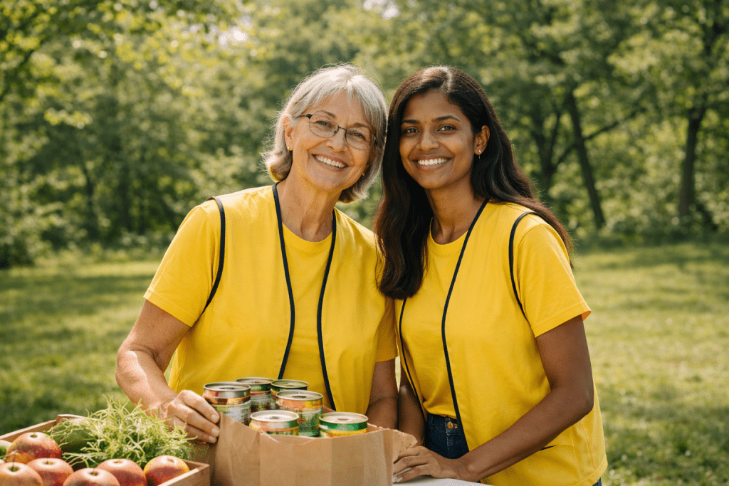 Two volunteers working together outdoors, smiling and holding a bag of canned goods and fresh produce.