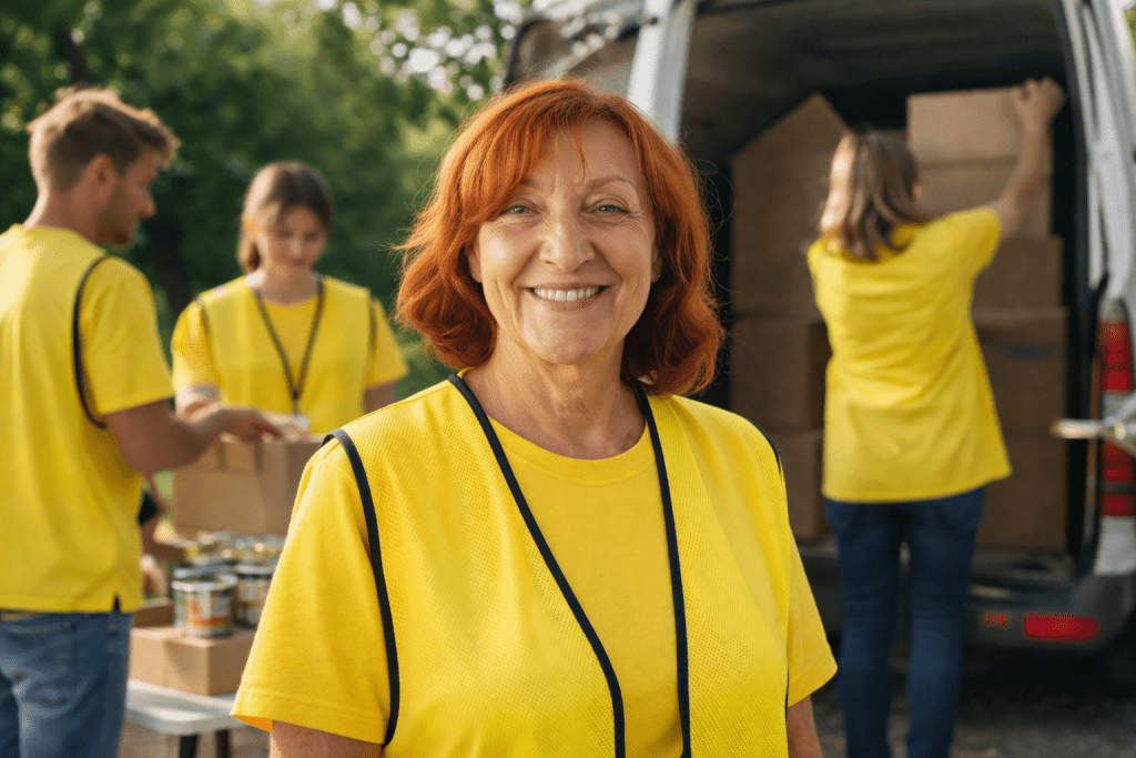 Part of Something Bigger A smiling volunteer in a yellow vest stands in front while others work together unloading boxes and organizing supplies outdoors.